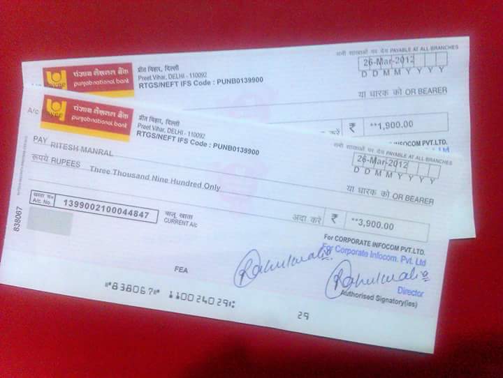 First Income Cheque form Corporate Infocom Private Limted ( MLM Business )